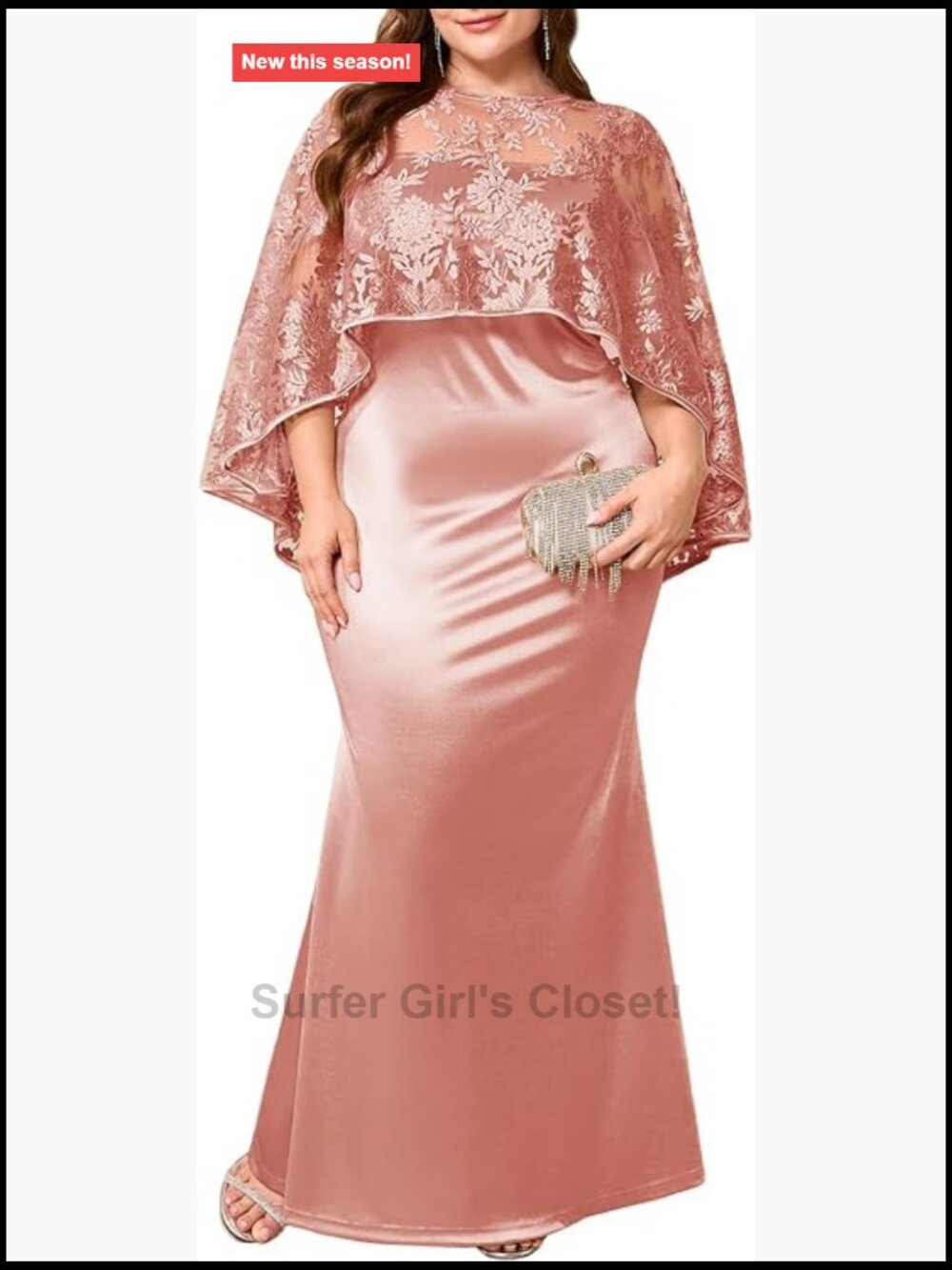 Plus Size Formal Satin Dress Lace Cape Maxi Evening Gown Wedding Guest